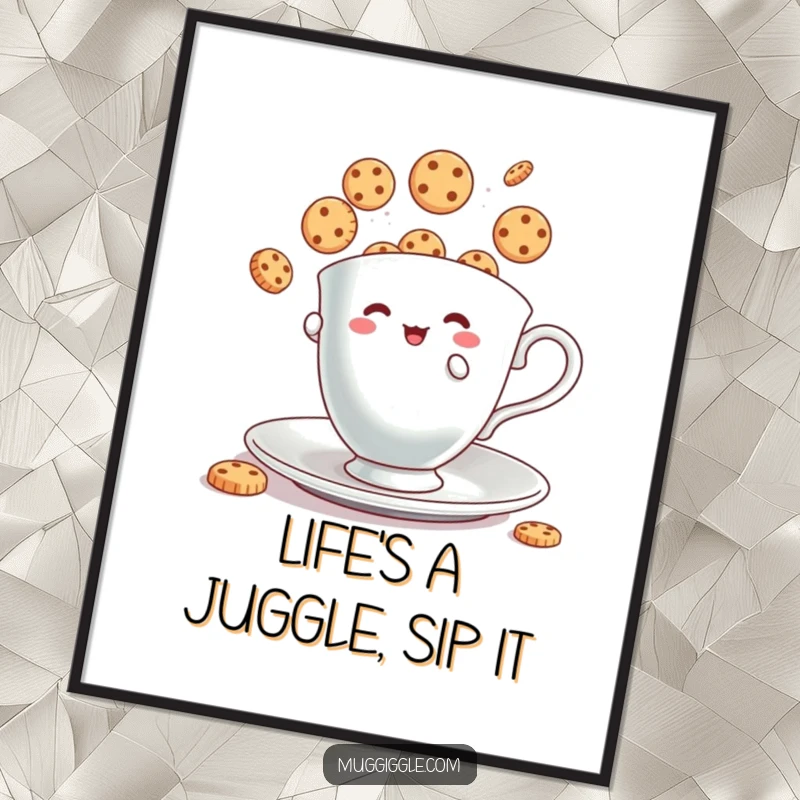 Funny Free Printable Wall Art: A tiny teacup character skillfully juggles bouncing cookies, a charming and humorous scene.
