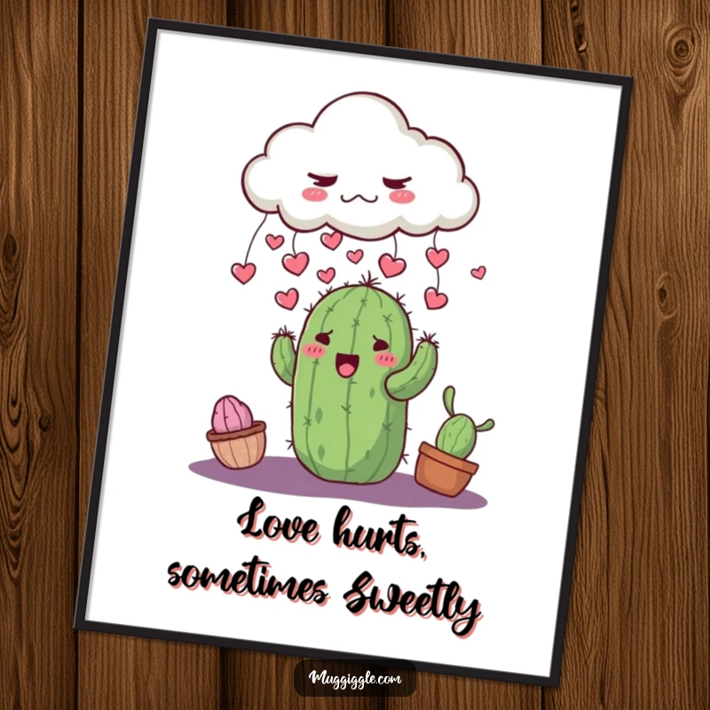 Funny Free Printable Wall Art: Grumpy cloud raining tiny hearts onto a happy, smiling cactus, creating a whimsical scene.