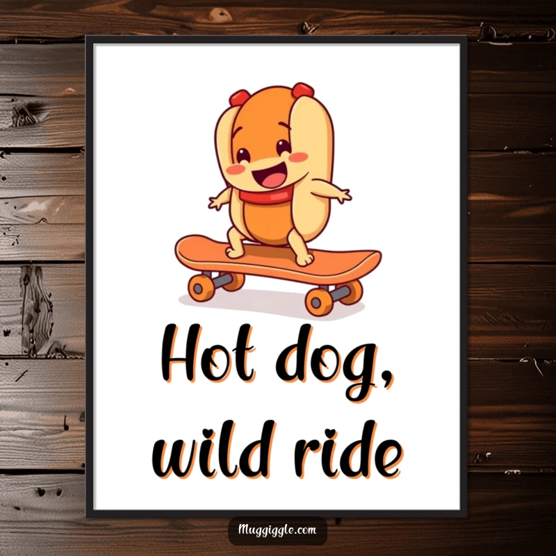 Funny Free Printable Wall Art of a smiling hot dog character riding a runaway skateboard, capturing a moment of dynamic, humorous action.