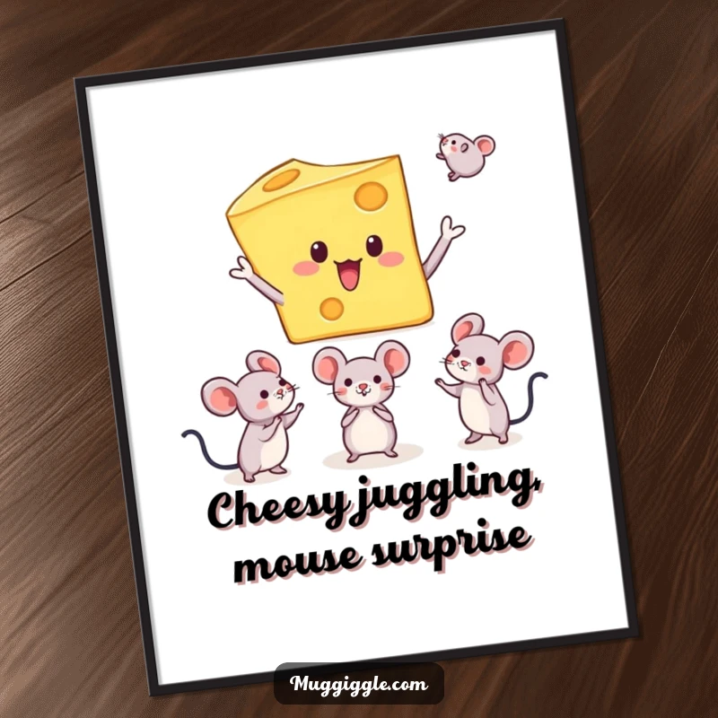 Funny Free Printable Wall Art of a surprised cheese slice character juggling three tiny mice, a whimsical addition to any wall.