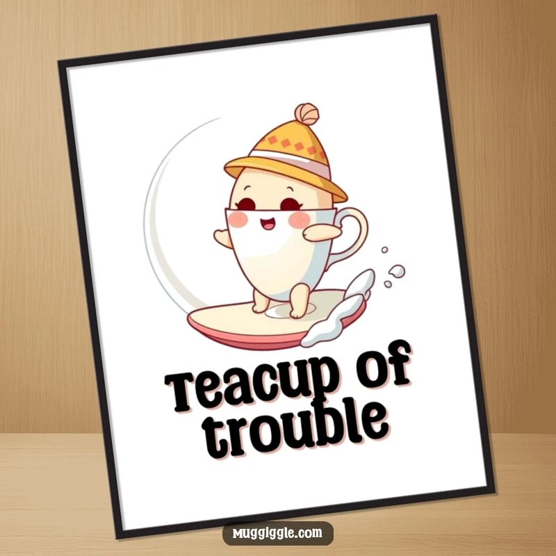Funny Free Printable Wall Art, bewildered teacup wearing a tiny hat surfing a giant bubble, whimsical and quirky decor.