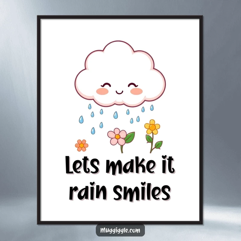 Funny Free Printable Cloud Wall Art: A cheerful cloud happily rains tiny drops on a vibrant flower.