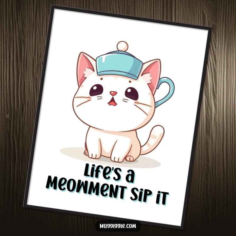 Funny Free Printable Wall Art: a surprised cat wearing a teacup as a hat, downloadable for quirky home decor.