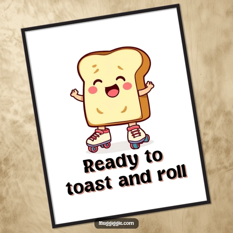 Funny Free Printable Wall Art: Determined toast character gearing up to skate, cartoon style, full of ambition.
