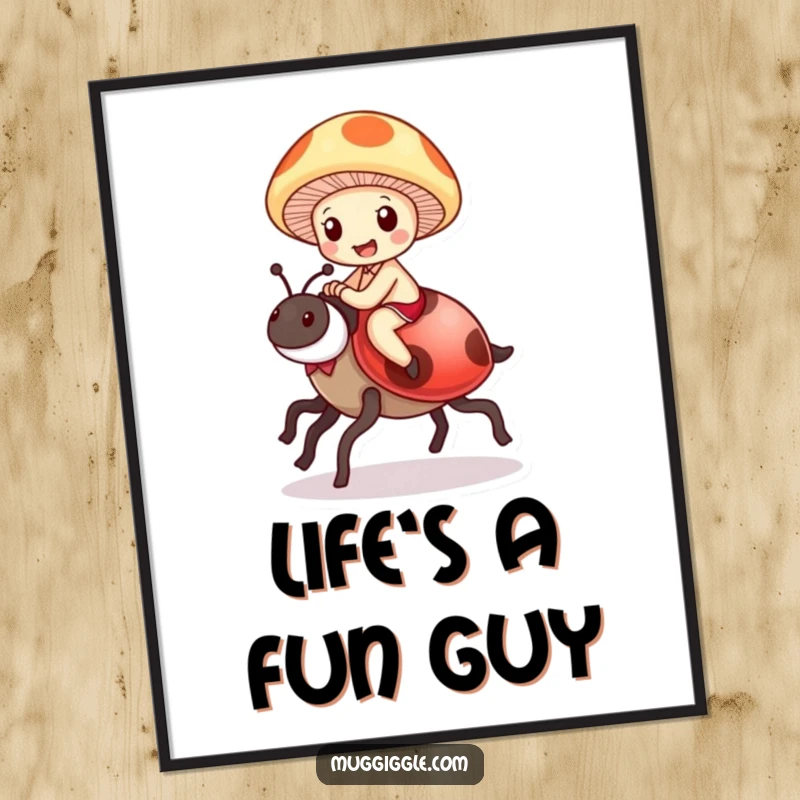 Funny Free Printable Wall Art: Delighted mushroom character riding a ladybug like a steed, vibrant and whimsical illustration.