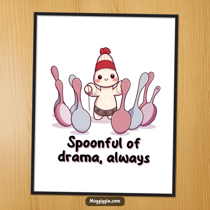 Free Printable Wall Art: A sock puppet character in mid-performance before an audience of bewildered spoons.