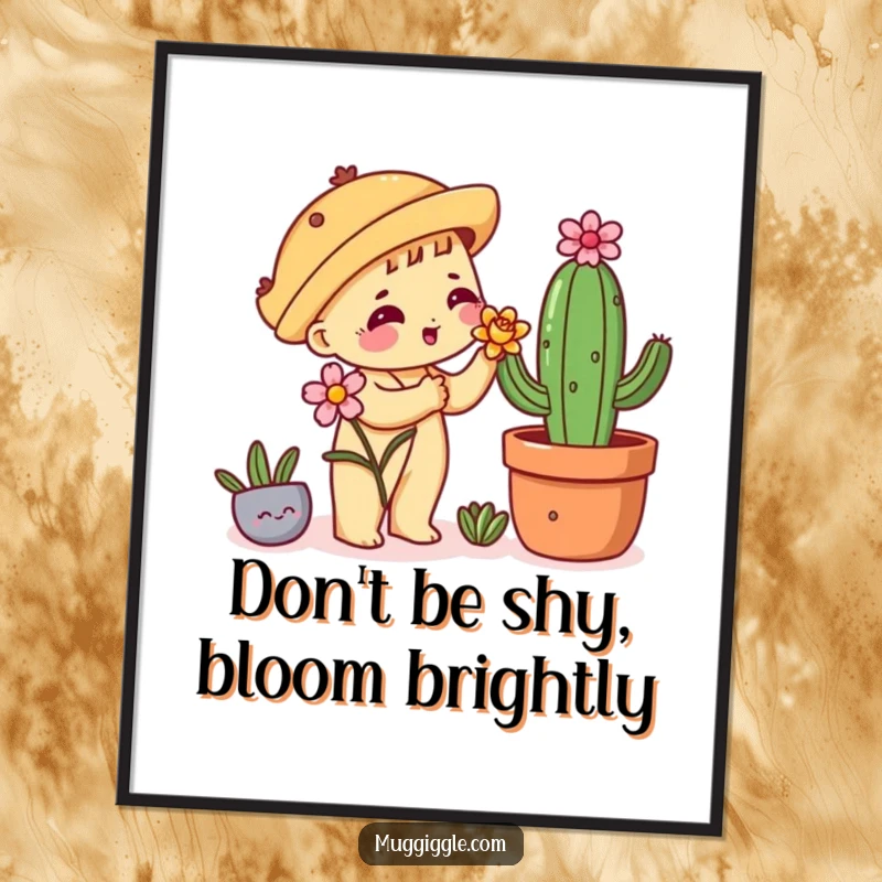 Funny Free Printable Wall Art: a shy taco character attempts to give a flower to a cactus, downloadable decor.