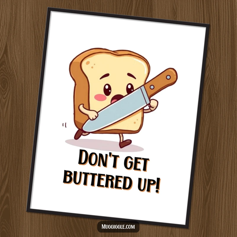 Funny Free Printable Wall Art: Startled toast character comically running from a playful, oversized butter knife, depicting a chaotic breakfast scene.