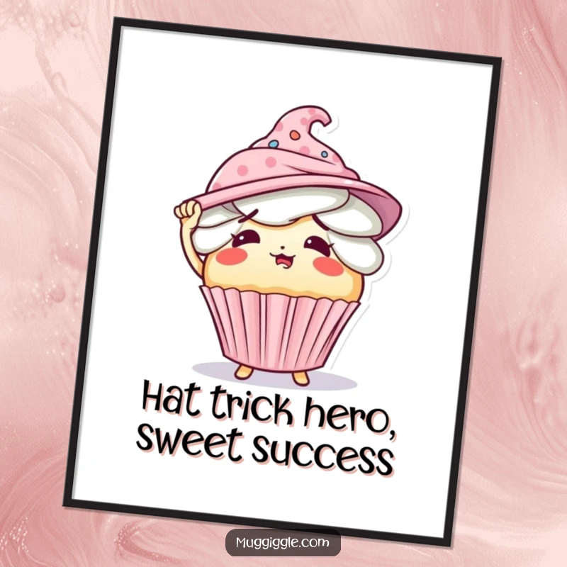 Funny Free Printable Wall Art: A bewildered cupcake character hilariously struggles to balance an absurd amount of hats.