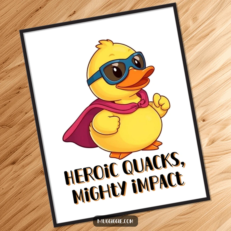 Funny Free Printable Wall Art: A rubber ducky in a superhero cape striking a detailed heroic pose, bringing funny, bold energy to any room.