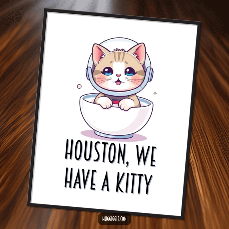 Funny Free Printable wall art of a cat wearing an astronaut helmet, floating playfully in a bowl of milk, whimsical decor.