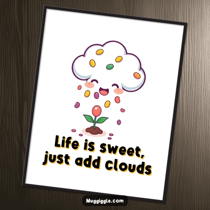 Funny Free Printable Wall Art: A joyful cloud character showering a happy little plant with a colorful stream of jellybeans.