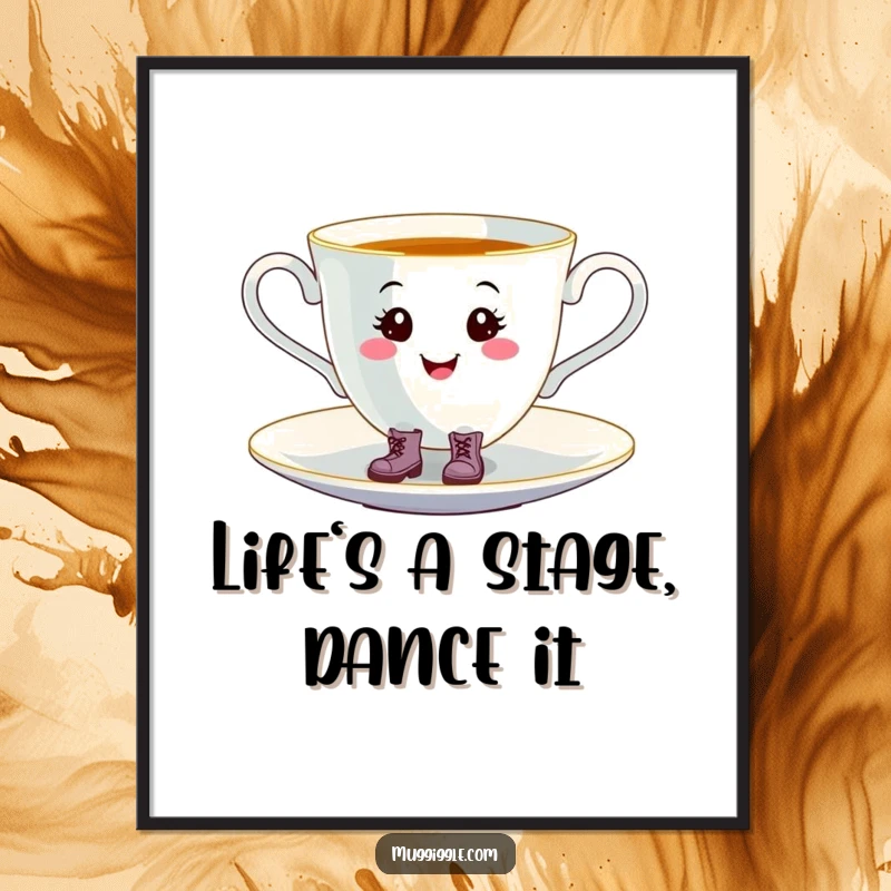Funny Free Printable Wall Art: Smiling teacup wearing tiny boots, happily tap-dancing on a saucer, adding decor fun.