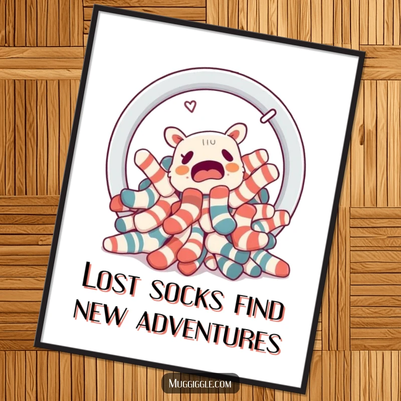 Funny Free Printable Wall Art: Confused pile of socks attempting to escape a laundry basket portal, adding quirky decor.
