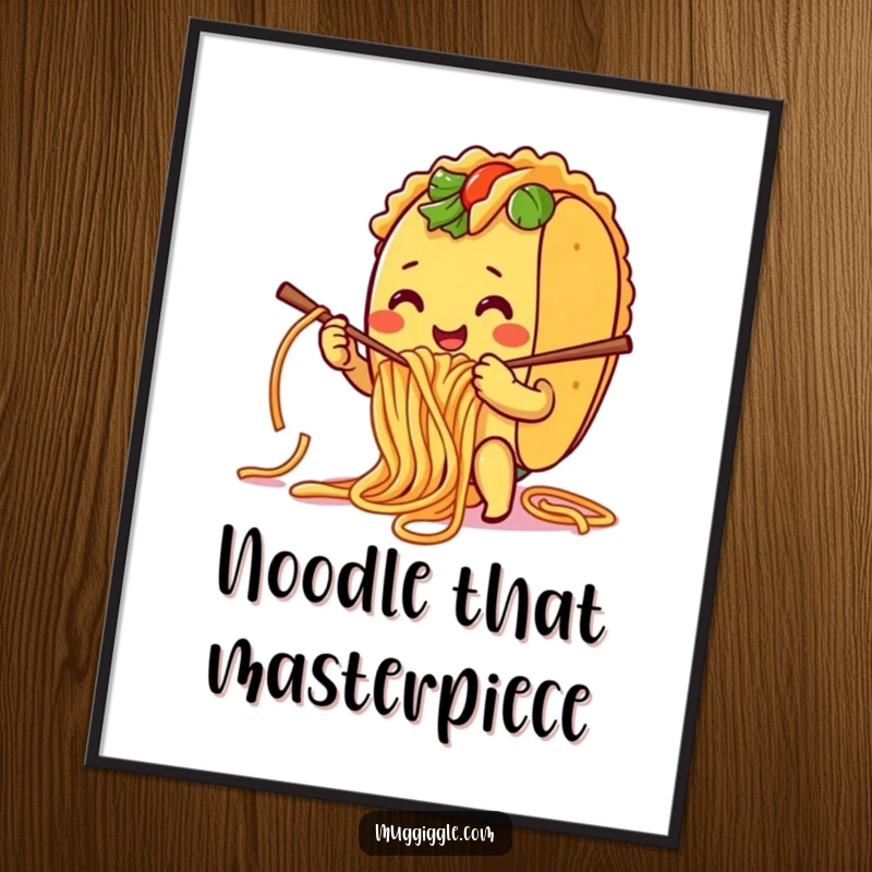 Funny Free Printable Wall Art of a smiling taco character comically knitting with spaghetti noodles, a whimsical piece of downloadable art.