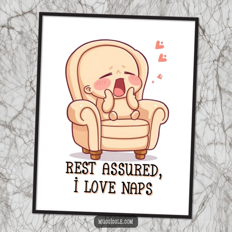 Funny Free Printable wall art of a sleepy armchair character yawning widely, closed eyes, a humorous addition to any room decor.