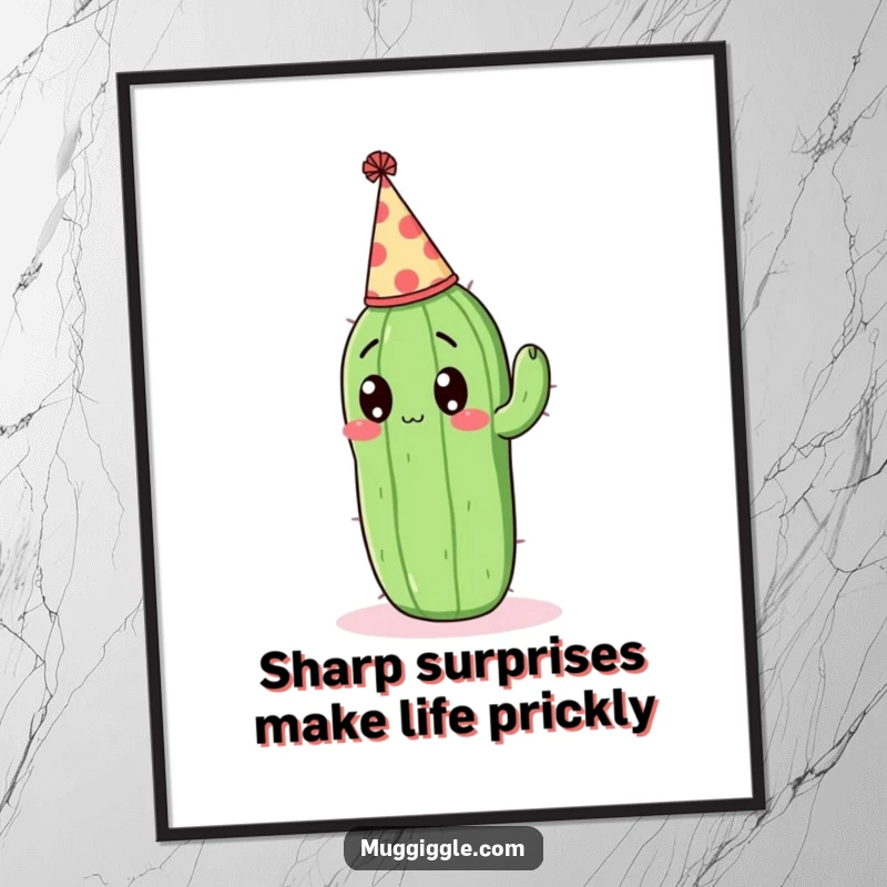 Funny Free Printable Wall Art featuring a cactus wearing a tiny party hat, with a hilariously surprised expression, ready for a party.