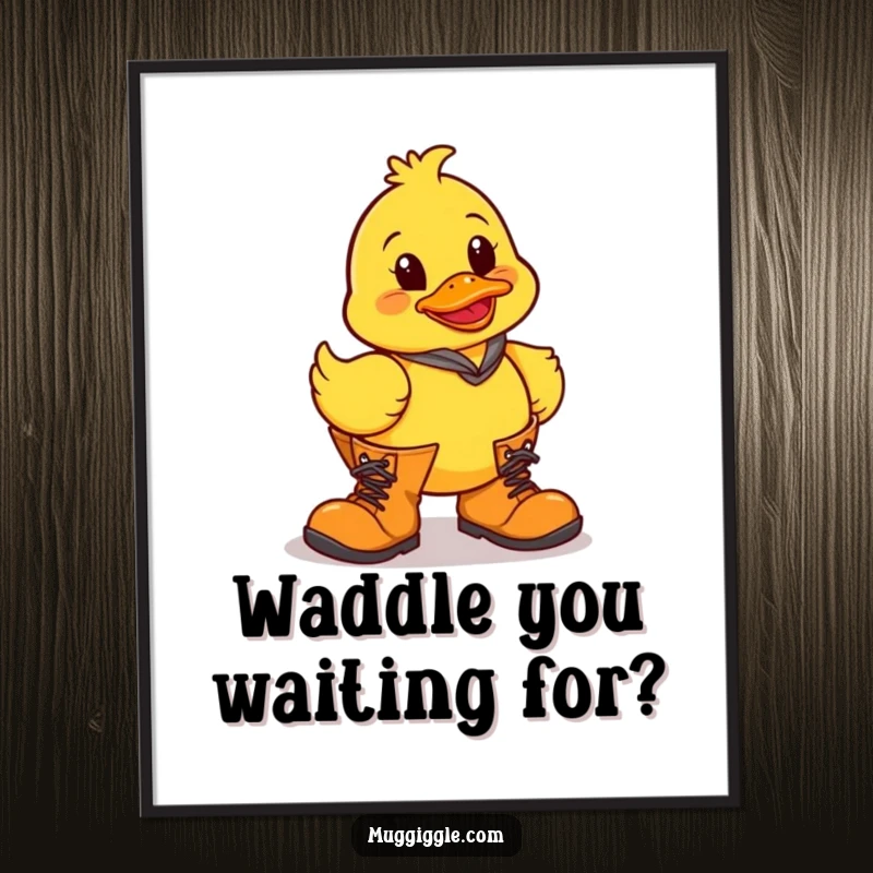 Funny Free Printable Wall Art featuring a rubber duck hilariously struggling to walk in giant boots, adding comic relief.