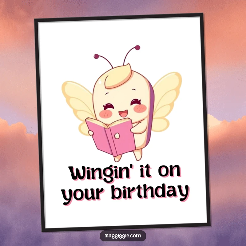 Funny Free Printable Wall Art: Happy book character comically flying with tiny butterfly wings, whimsical and humorous downloadable art.