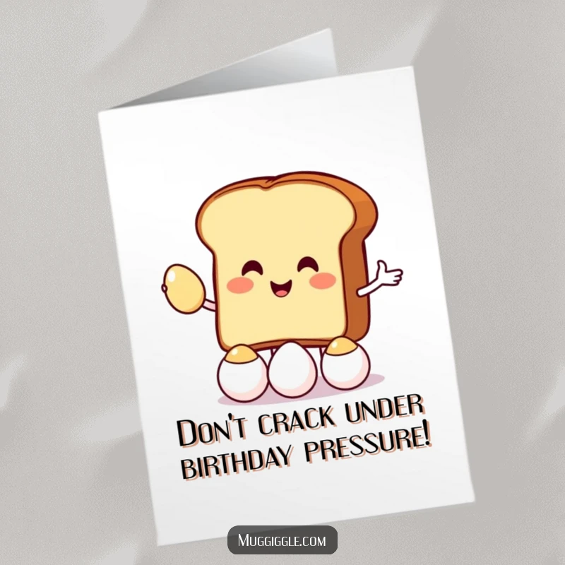 Funny free printable birthday card featuring a smiling toast character juggling tiny eggs, perfect for a hilarious birthday.