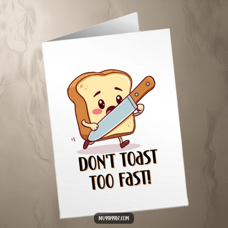 Funny Free Printable Birthday Card: Startled toast character comically fleeing an oversized butter knife, celebrating a hilariously chaotic birthday.