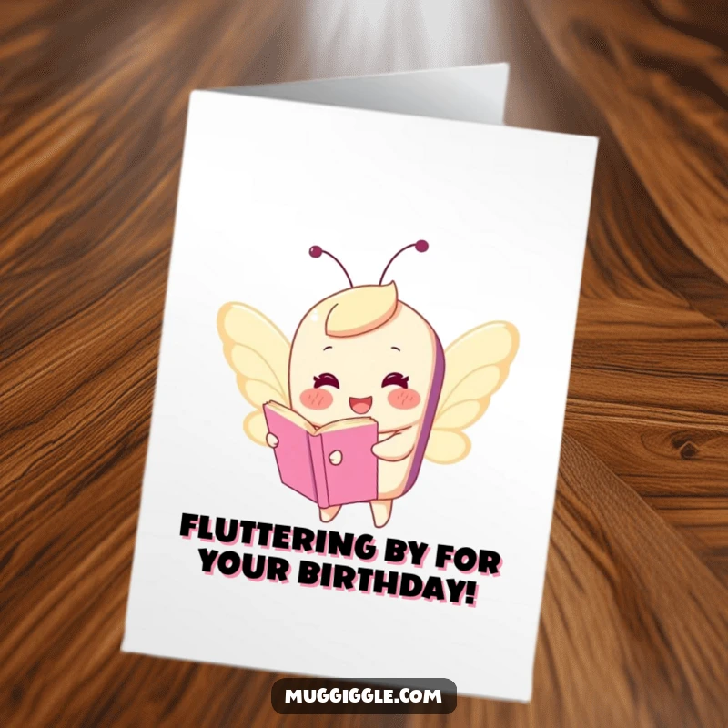 Funny Free Printable Birthday Card: Book character comically flying with tiny butterfly wings, whimsical and humorous downloadable art.