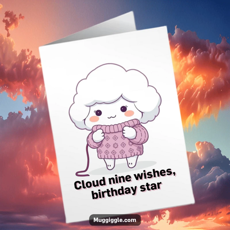 Funny Free Printable Birthday Card: Cloud knitting a sweater for a tiny, cold planet, sending birthday warmth.