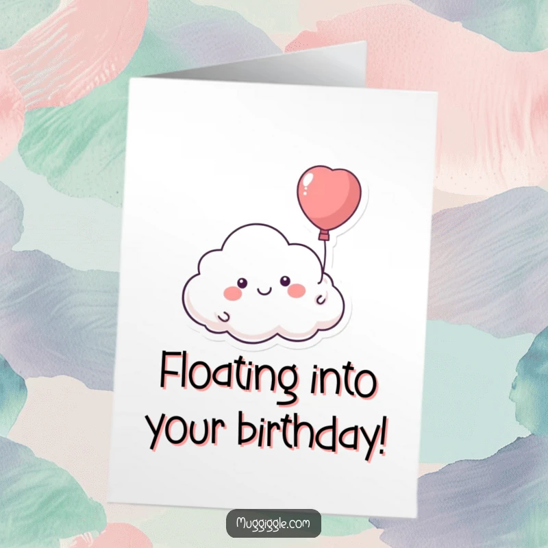 Funny Free Printable Birthday Card: smiling cloud floats away with a runaway balloon, symbolizing joyful wishes. Downloadable art.