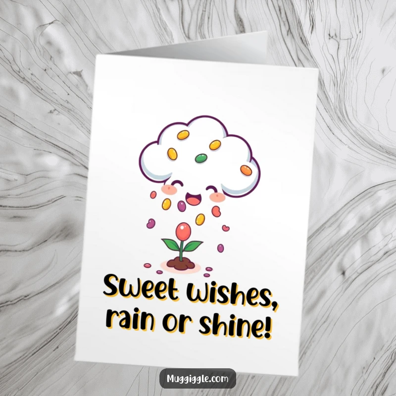 Funny Free Printable Birthday Card: A happy cloud character raining colorful jellybeans onto a small, delighted plant.