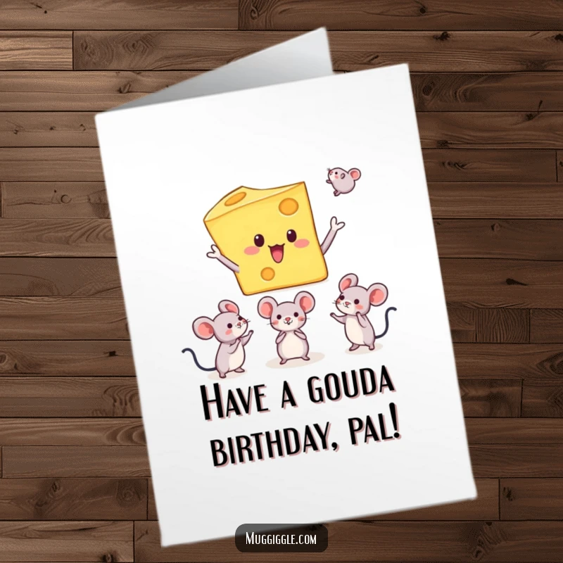 Funny Free Printable Birthday Card showing a surprised cheese slice character juggling three tiny mice, making for a unique birthday wish.