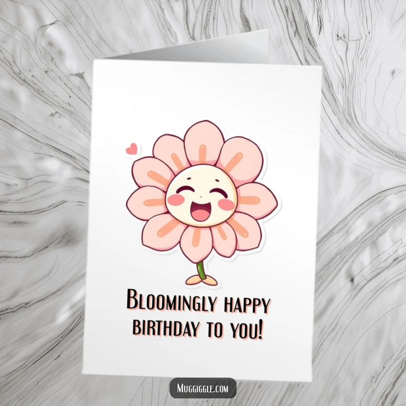 Funny Free Printable Birthday Card: Singing flower character with petals shaped like laughter, joyful and humorous downloadable art.