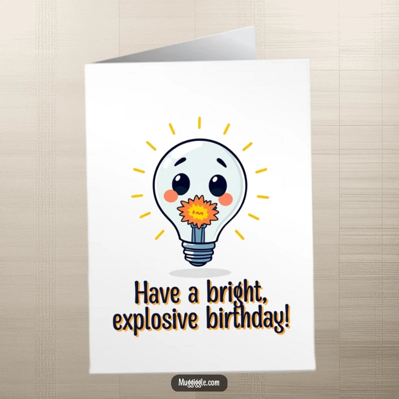Funny Free Printable Birthday Card: Surprised lightbulb character with a tiny, colorful explosion, wishing a dazzling birthday.