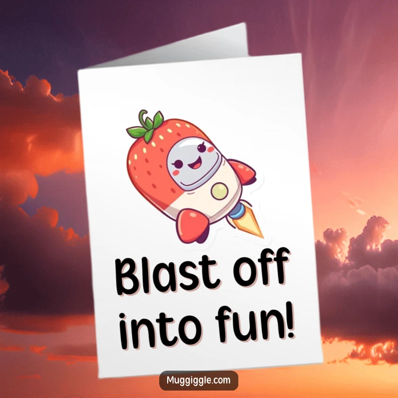 Funny Free Printable Birthday Card, smiling strawberry piloting a tiny rocket ship, wobbling mid-air, whimsical space adventure.