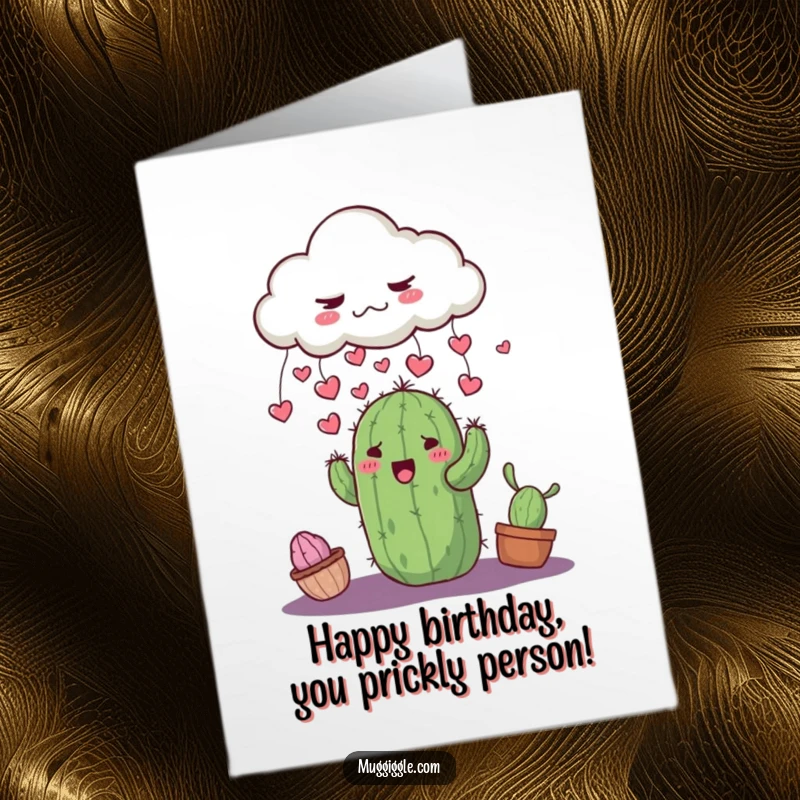 Funny Free Printable Birthday Card: Grumpy cloud raining tiny hearts onto a surprised, smiling cactus, a quirky wish.