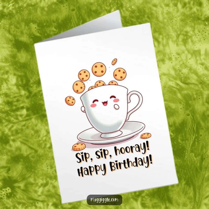 Funny Free Printable Birthday Card: A tiny teacup character expertly juggles bouncing cookies, a sweet and humorous scene.