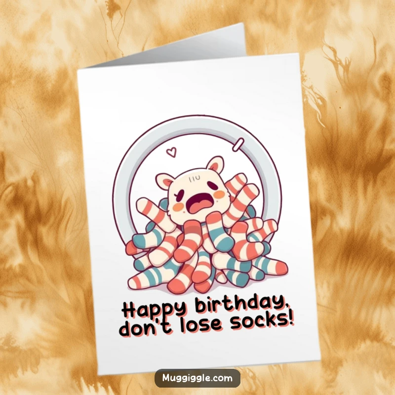 Funny Free Printable Birthday Card: Confused pile of socks escaping a laundry basket portal, a chaotic wish.