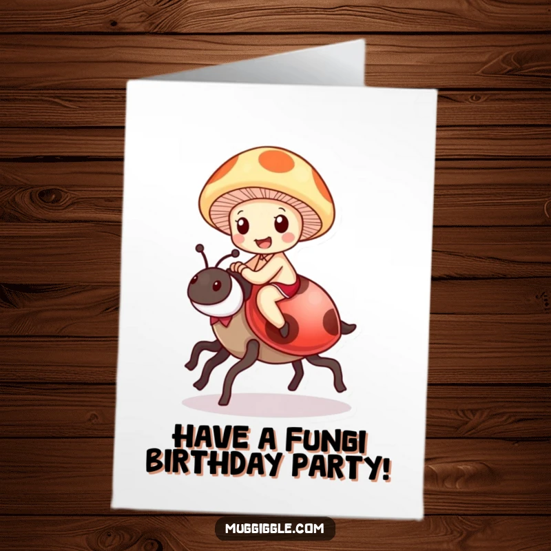 Funny Free Printable Birthday Card: Delighted mushroom character joyfully riding a ladybug like a tiny horse, whimsical illustration.
