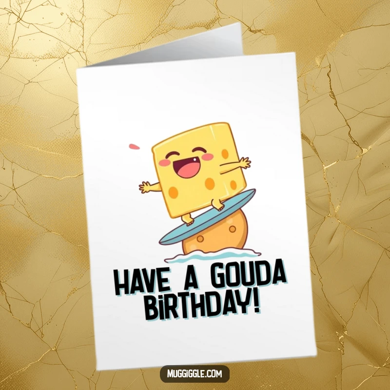 Funny Free Printable Birthday Card of a laughing cheese character hilariously surfing on a cracker, celebrating a cheesy birthday.