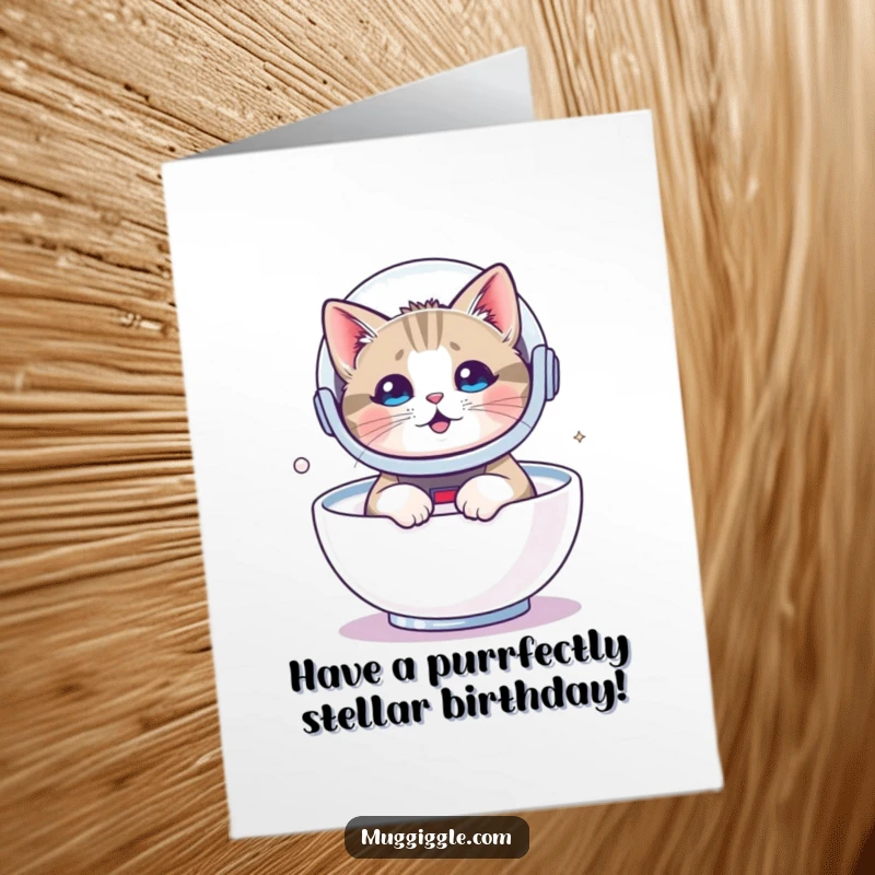 Funny Free Printable birthday card with a cat in an astronaut helmet floating in milk, a cosmic and humorous design.