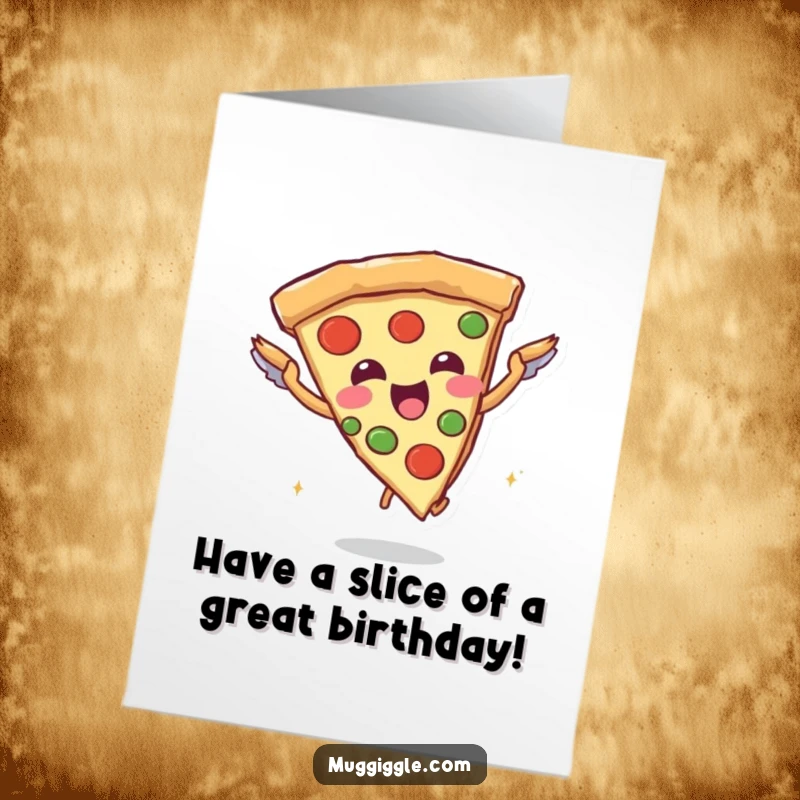 Funny Free Printable Birthday Card: A joyful pizza slice character with tiny breadstick wings trying to fly.