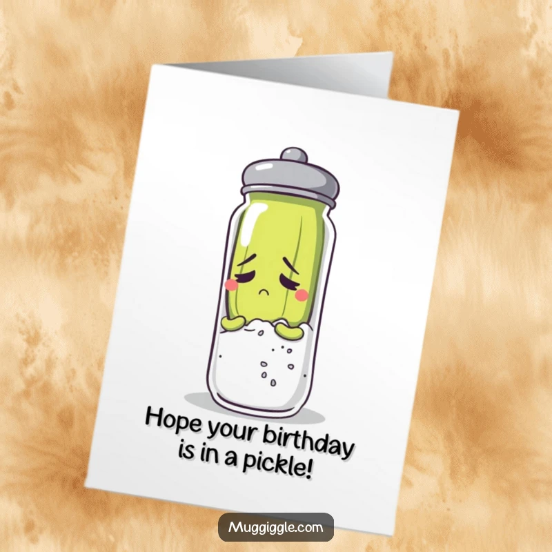 Funny Free Printable anxious pickle character hilariously hiding behind a giant salt shaker for a birthday card.