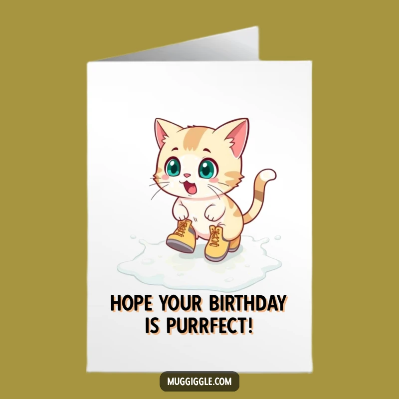 Funny Free Printable Birthday Card: Surprised Cat in Boots Slips on Milk!
