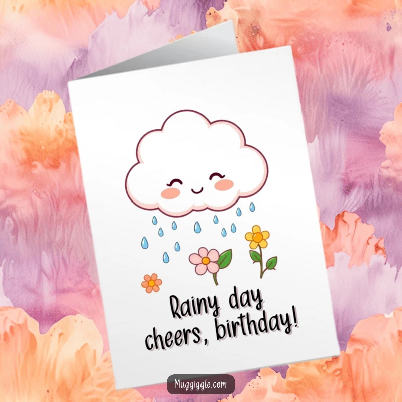 Free Printable Birthday Card: A cheerful cloud rains happy droplets onto a blooming flower, spreading birthday joy.