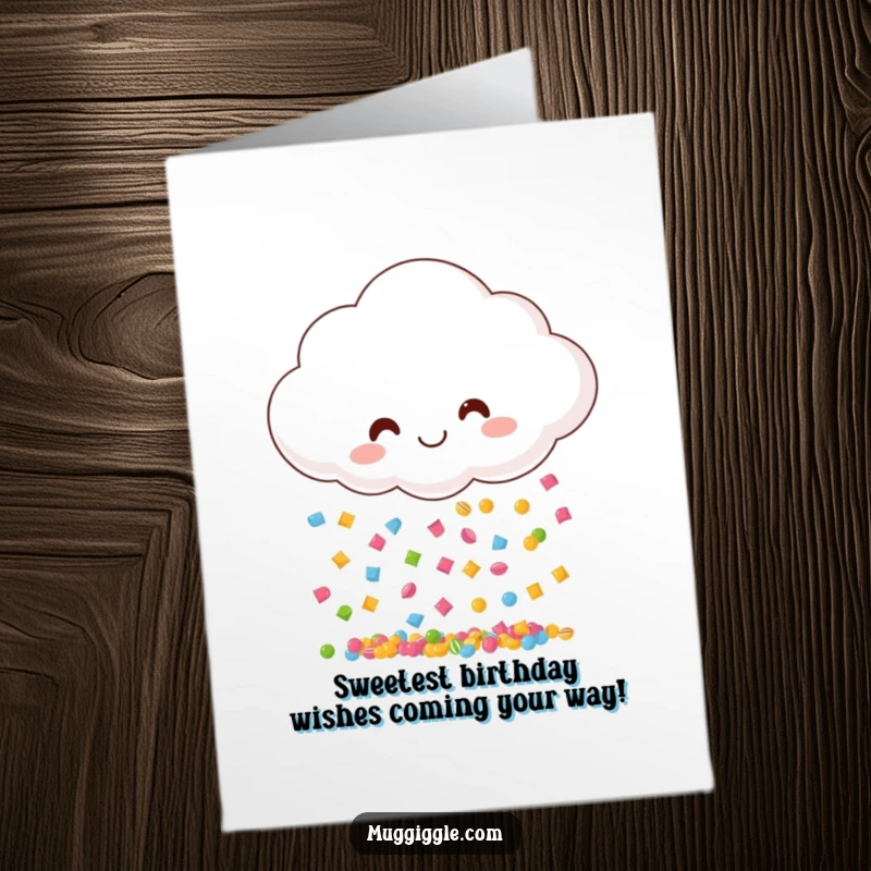 Funny Free Printable birthday card with a smiling cloud raining tiny, multicolored candy pieces, a joyous and sweet design.