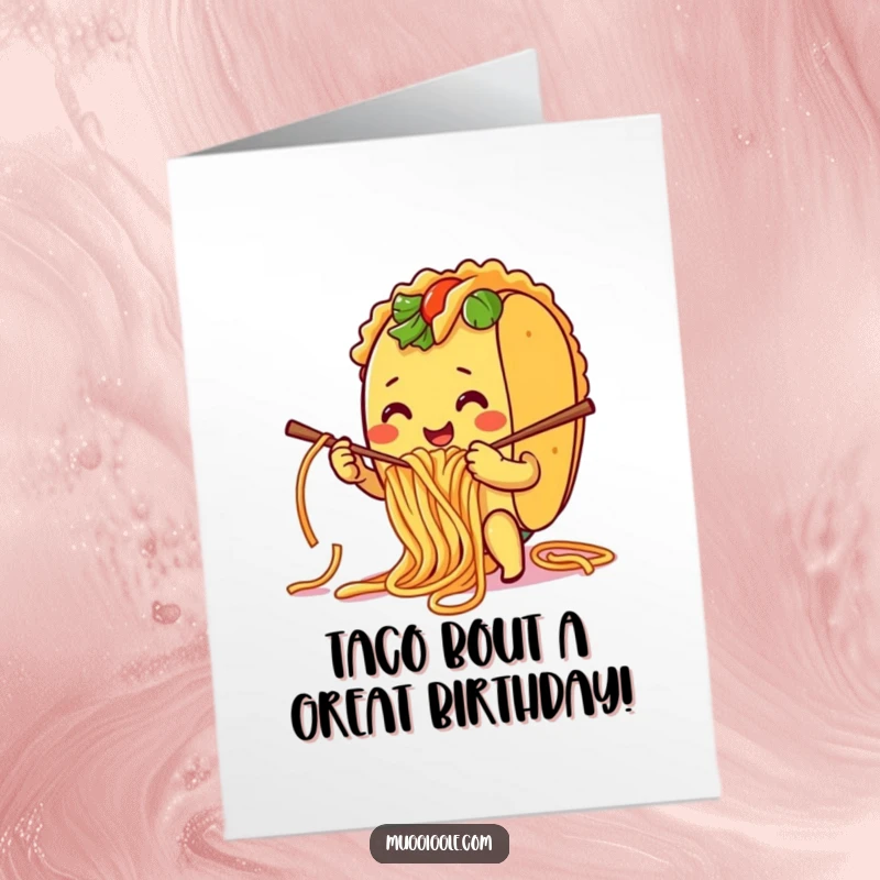 Funny Free Printable Birthday Card showing a smiling taco character comically knitting with spaghetti noodles, a truly unique card.