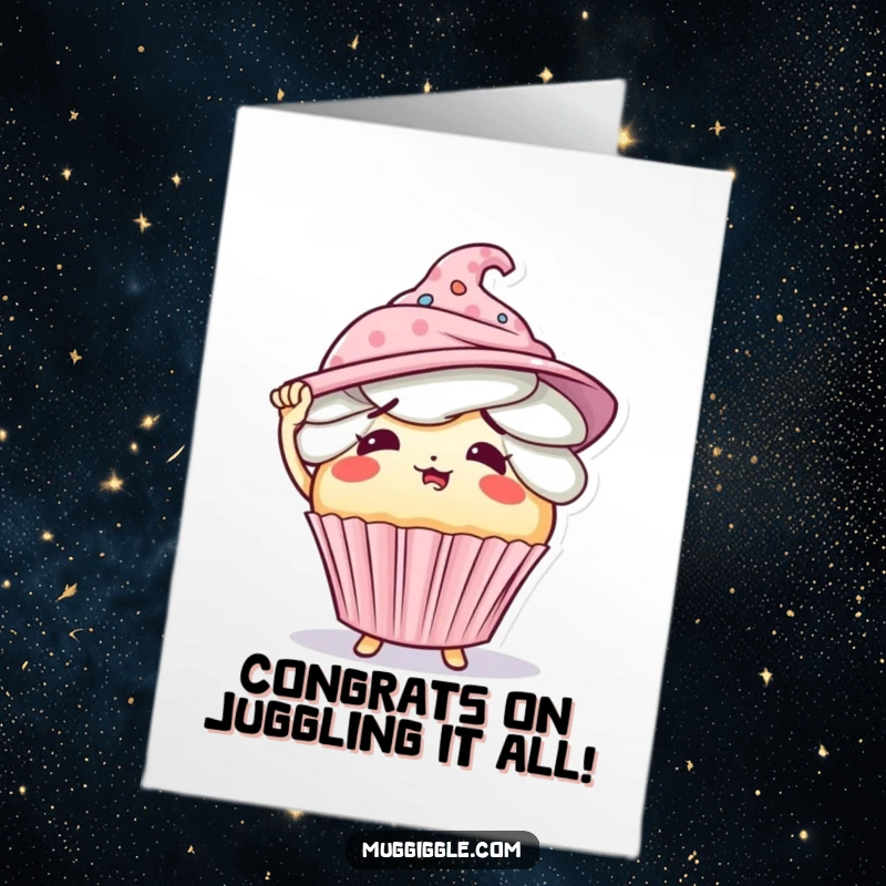 Funny Free Printable Congratulations Card featuring a flustered cupcake character overwhelmed by too many celebratory hats.