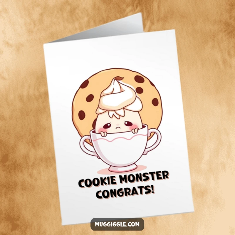 Funny Free Printable Congrats Card: A nervous teacup peeking from behind a giant cookie, celebrating an achievement.