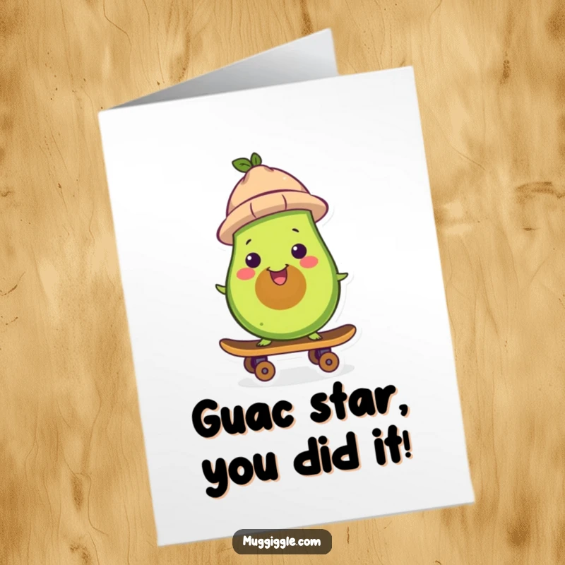 Funny Free Printable Congratulations Card: A smiling avocado in a hat skates by, celebrating your success with rad, chill vibes and good cheer.