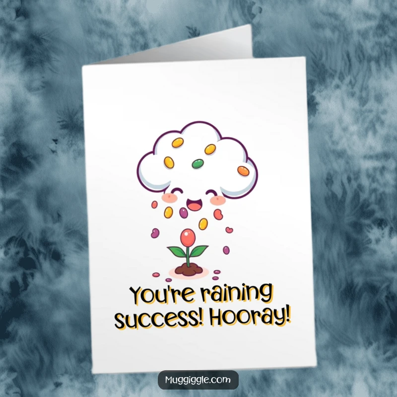Funny Free Printable Congratulations Card: A cheerful cloud character showering a small plant with a cascade of jellybeans.