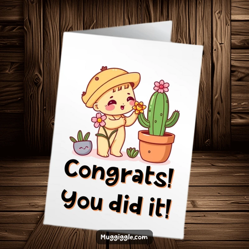 Funny Free Printable Congratulations Card: shy taco gives a flower to a cactus, celebrating achievement with downloadable, art.